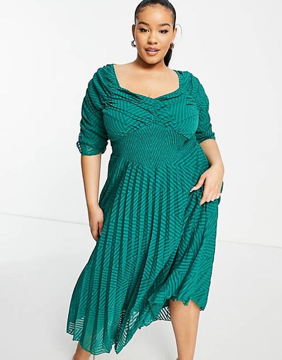 ASOS Dresses & Skirts - Asos Midi Dress Green Textured Bridesmaid Ruched Curve Boho Pleated NWT 26